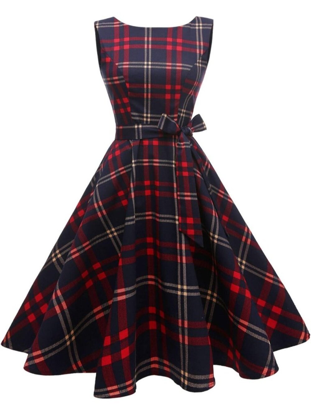 Women's Red Plaid Boat Neck Sleeveless Western Zipper Cocktail Maxi Dress